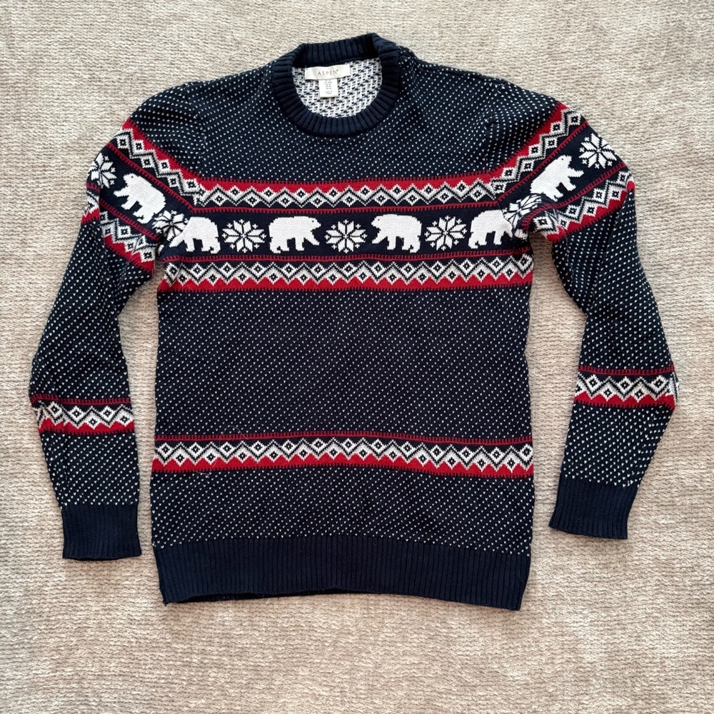 Aspen Nordic‎ Knit Bear Snowflake Fair Isle Cotton Sweater M Winter Lodge